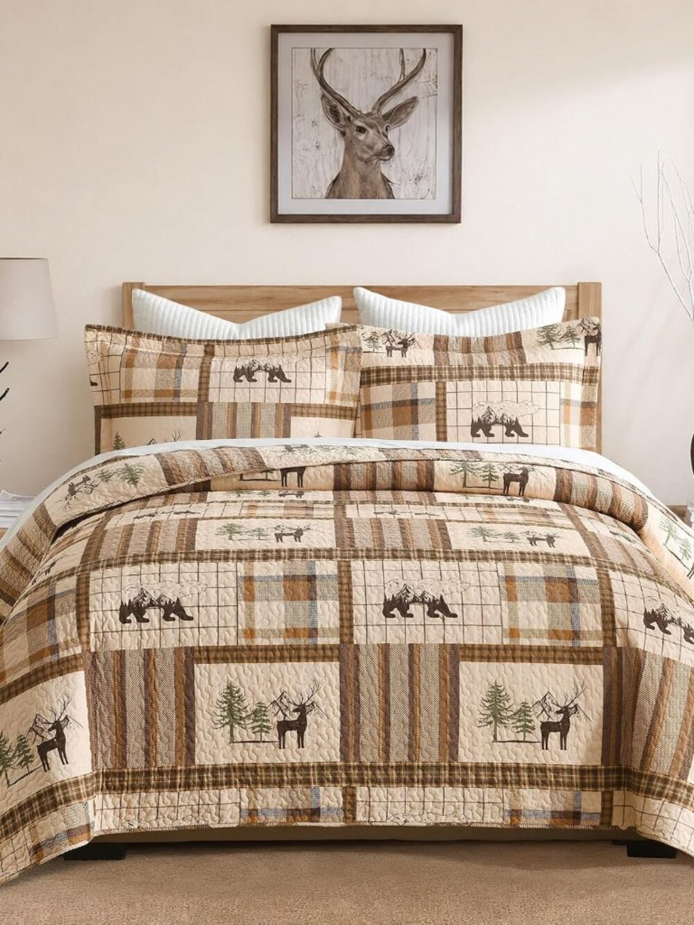 Cabin Quilt Set - 3-Piece King Rustic Bedding Set - Bear Deer Bedspread
